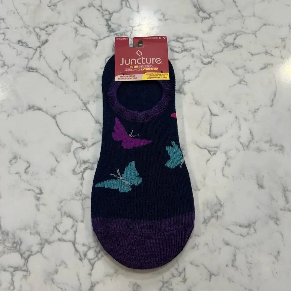NWT Juncture Woman’s No Slip Shoe Liners Purple Blue Butterfly Socks Size 5-9‎
